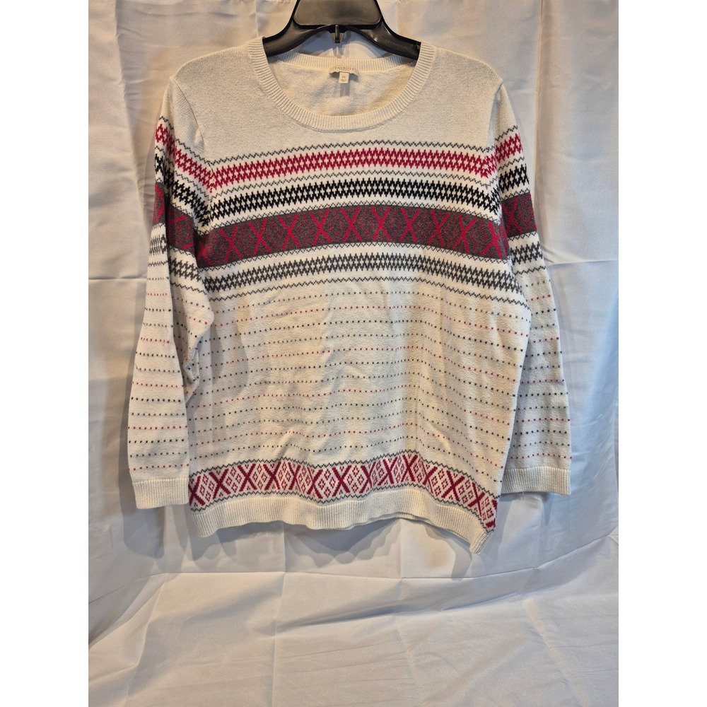 Talbots Plus‎ Womens 2X Crewneck Sweater Fair Isle Red Grey Ivory Knit Pullover